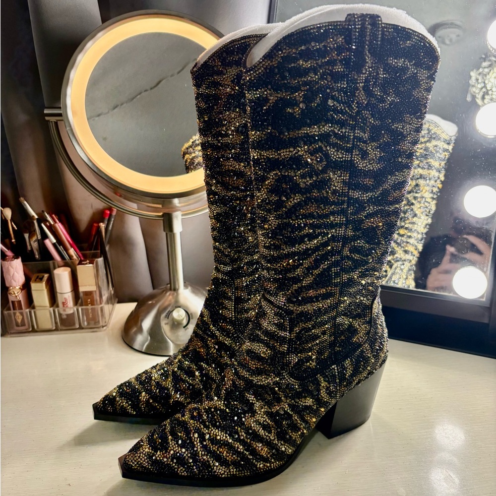 Cash Rhinestone Leopard Cowboy Boot-Never Worn
